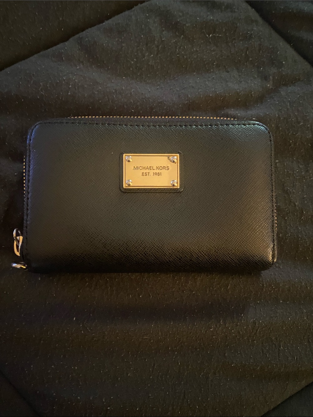 Michael Kors Black Saffiano Zip Wallet with Gold Plaque